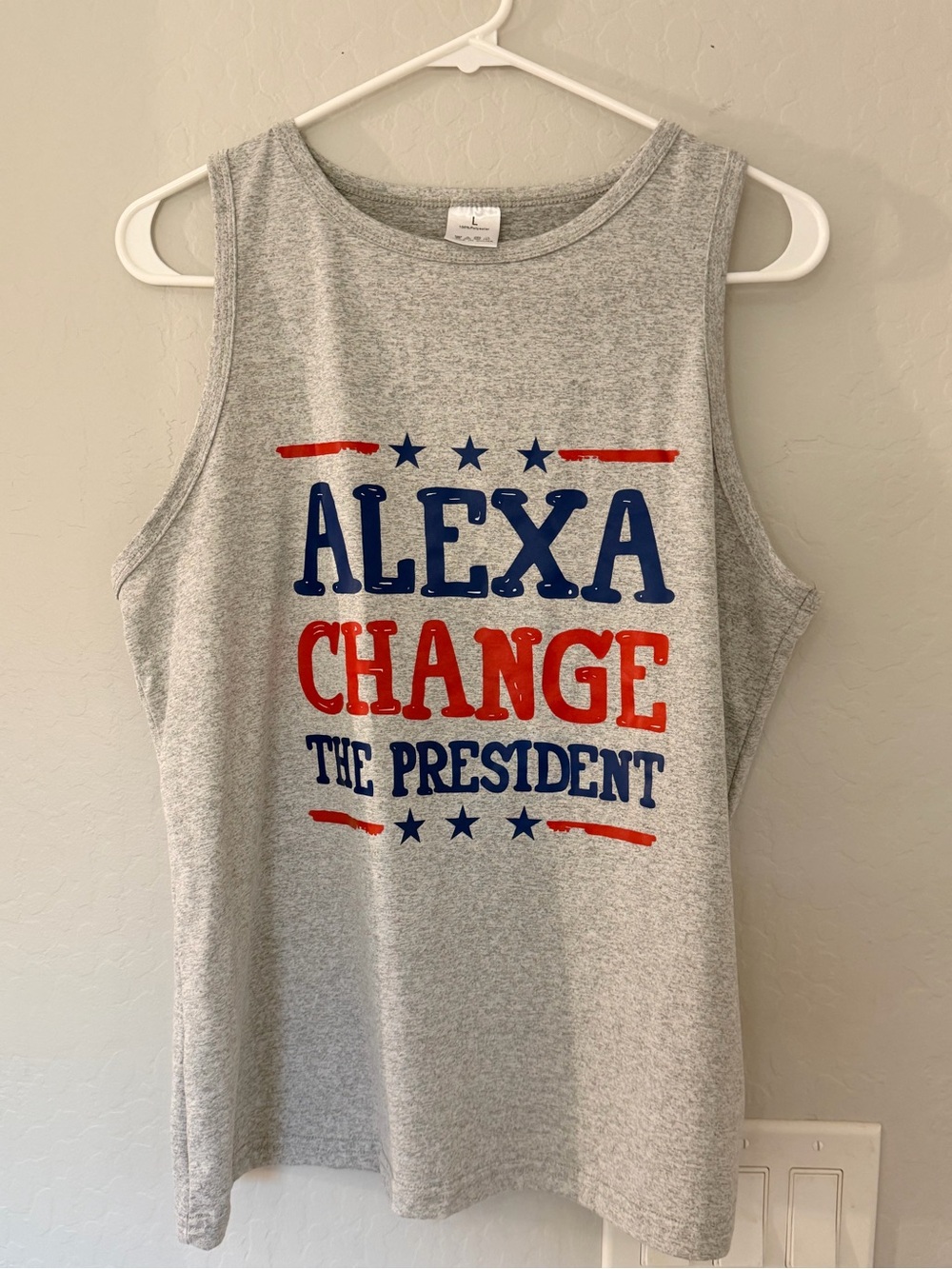 Grey Tank Top with Red & Blue 'Alexa Change The President' Graphic